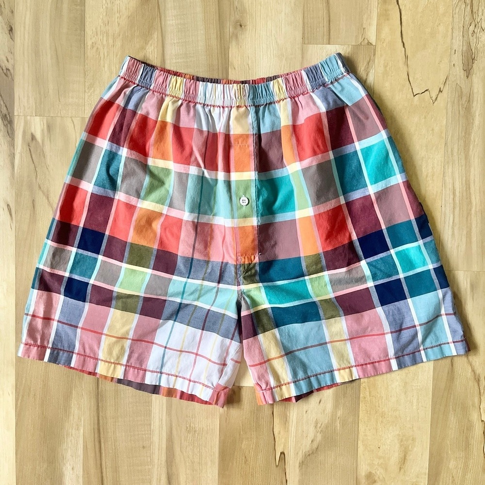 Vintage Lounge Shorts Women's Medium Plaid 100% Cotton Relaxed Preppy Coastal